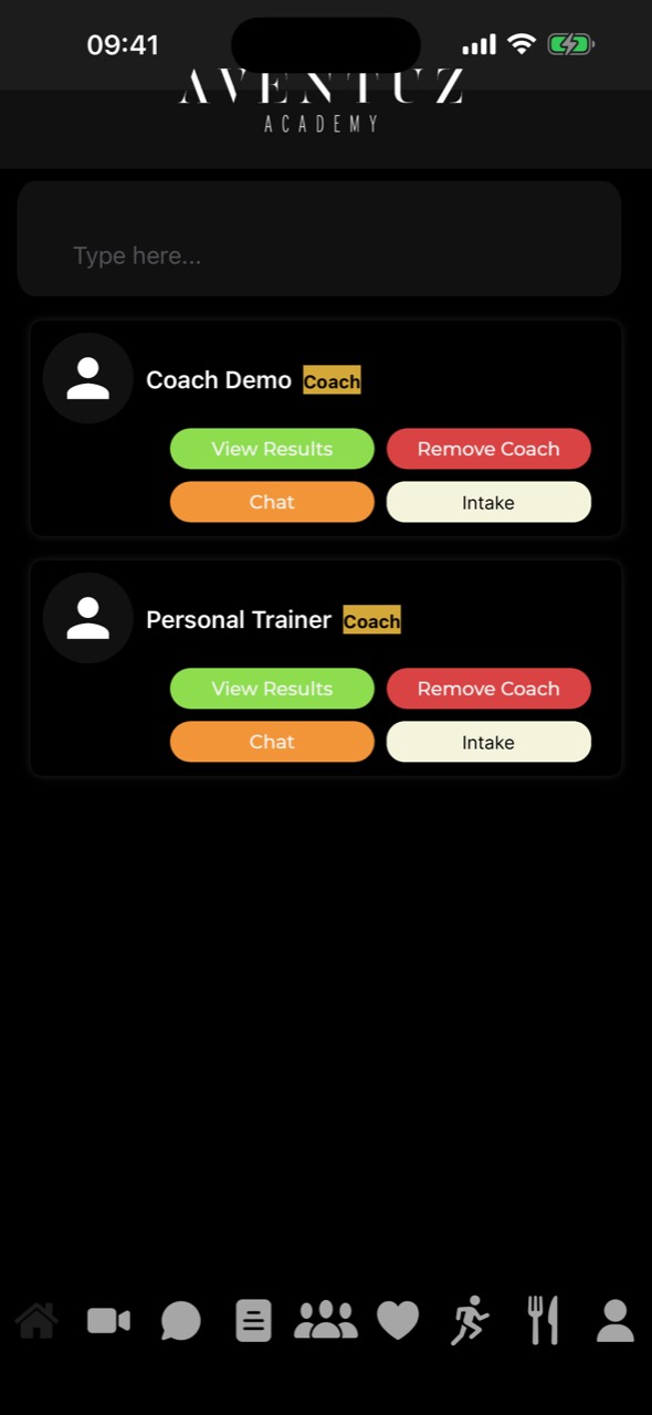 Aventuz Client app home screen